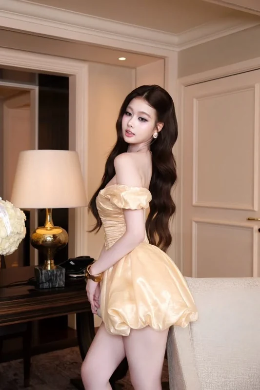 เดรสสีเหลืองอ่อนกระโปรงบอลลูน